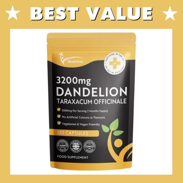 Dandelion root capsules package with vegan label and nutritional information.