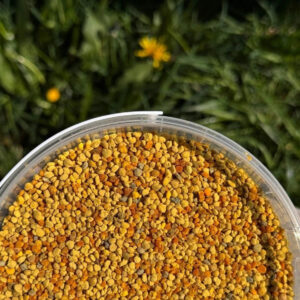 Container of pure bee pollen with a natural background