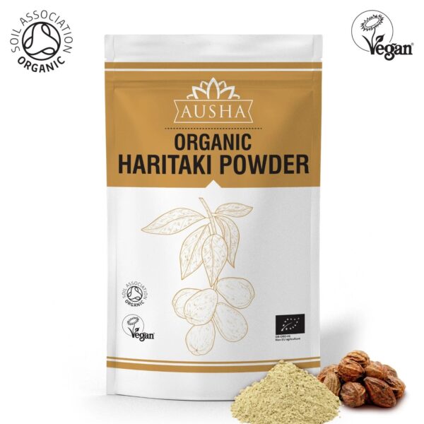 Pack of organic Haritaki powder with seeds and powder on display.