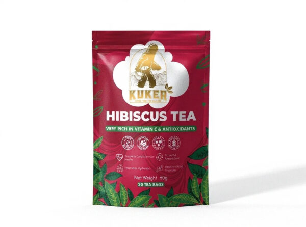 Package of Hibiscus Tea with 30 tea bags, caffeine-free herbal infusion.