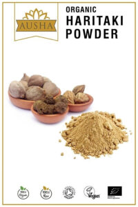 Organic Haritaki Powder with whole fruits in bowls
