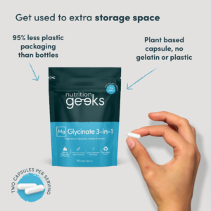 Magnesium Glycinate 3-in-1 pouch uses 95 percent less plastic than bottles, plant-based capsules