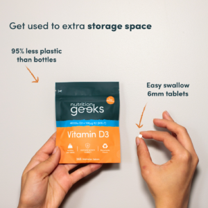 Vitamin D3 plus K2 pouch uses 95 percent less plastic than bottles, easy-swallow 6mm tablets