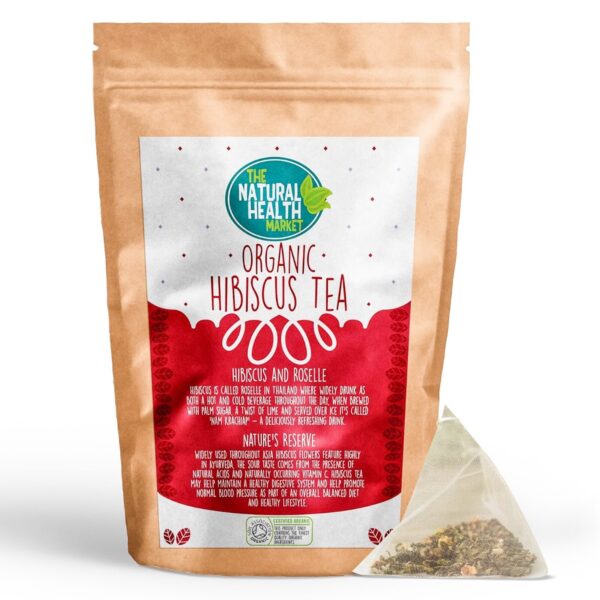 Organic hibiscus tea pouch with 50 pyramid tea bags