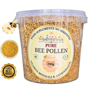 Pure Bee Pollen 700g tub with bee pollen granules close-up