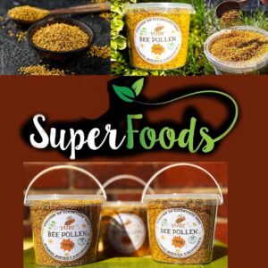Pure bee pollen 700g tubs with bowls of bee pollen granules