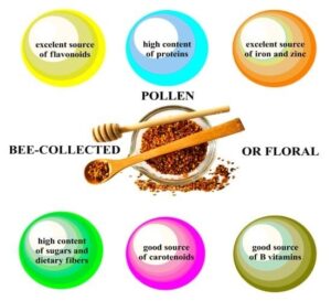 Bowl of pure bee pollen granules with a wooden spoon on a dark stone surface